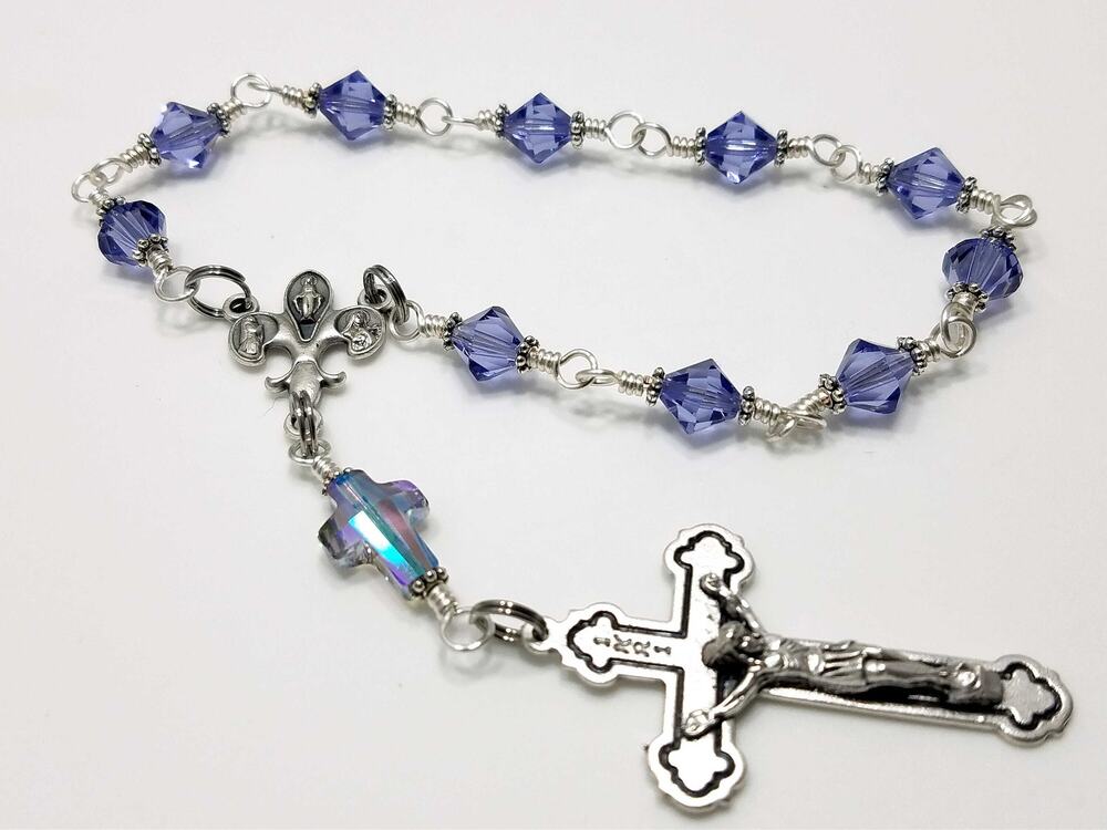 Handmade Purple Swarovski One Decade Rosary Fleur-de-Lis Center Unbreakable